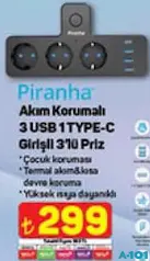 PİRANHA AKIM KORUMALI 3 USB 1 TYPE-C GİRİŞLİ 3'LÜ PRİZ